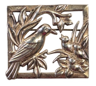 Rare Vintage 1940s CORO Sterling Silver Mother Bird & Chicks Pin / Brooch