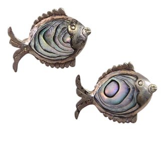 Pair of Vinage Taxco Mexico Sterling Silver & Mother of Pearl Fish Designer Brooches / Pins