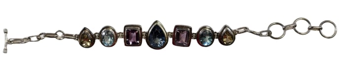 Stylish Vintage Sterling Silver & Multicolor Gemstone Toggle Bracelet