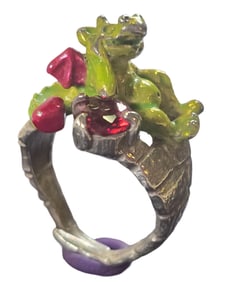 Unusual Sterling Silver, Red Gemstone & Green Enamel Dragon Ring