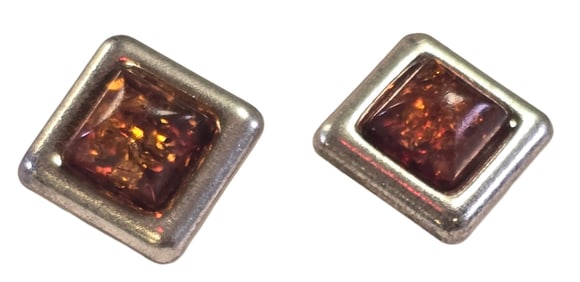 Pair of Vintage Mid-Century European 800 Silver & Baltic Amber Earrings