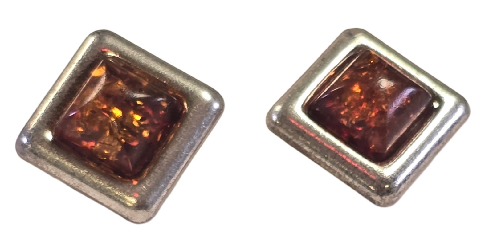 Pair of Vintage Mid-Century European 800 Silver & Baltic Amber Earrings: Each measures approx. 1/2" square and weighs ca. 1.6 grams. Very good vintage condition with minor patina and wear according to age. Tested for a minimum of 800 (80%) silver and carrying unidentified 