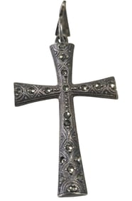 Unusual Vintage European 835 Silver & Marcasite Gemstone Cross Pendent