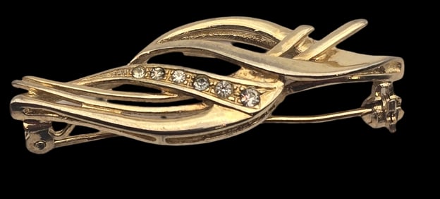 Vintage Mid-Century Gilt 800 Silver & Rhinestone Swirl Brooch - Signed