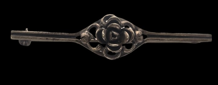 Vintage Handmade Mid-Century European 800 Silver Bar Pin /w Rose Design