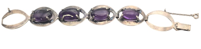 Unusual Vintage Mid-Century Modern European Silver & Amethyst Chain Link Bracelet