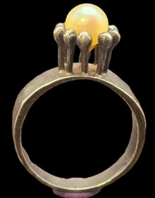 Vintage Mid-Century Modern Brutalist Sterling Silver Ring /w Pearl