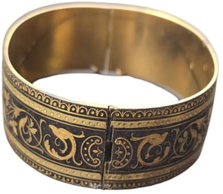 1960s Gold Etched & Embossed Floral Etruscan Style Brass Cuff Bracelet