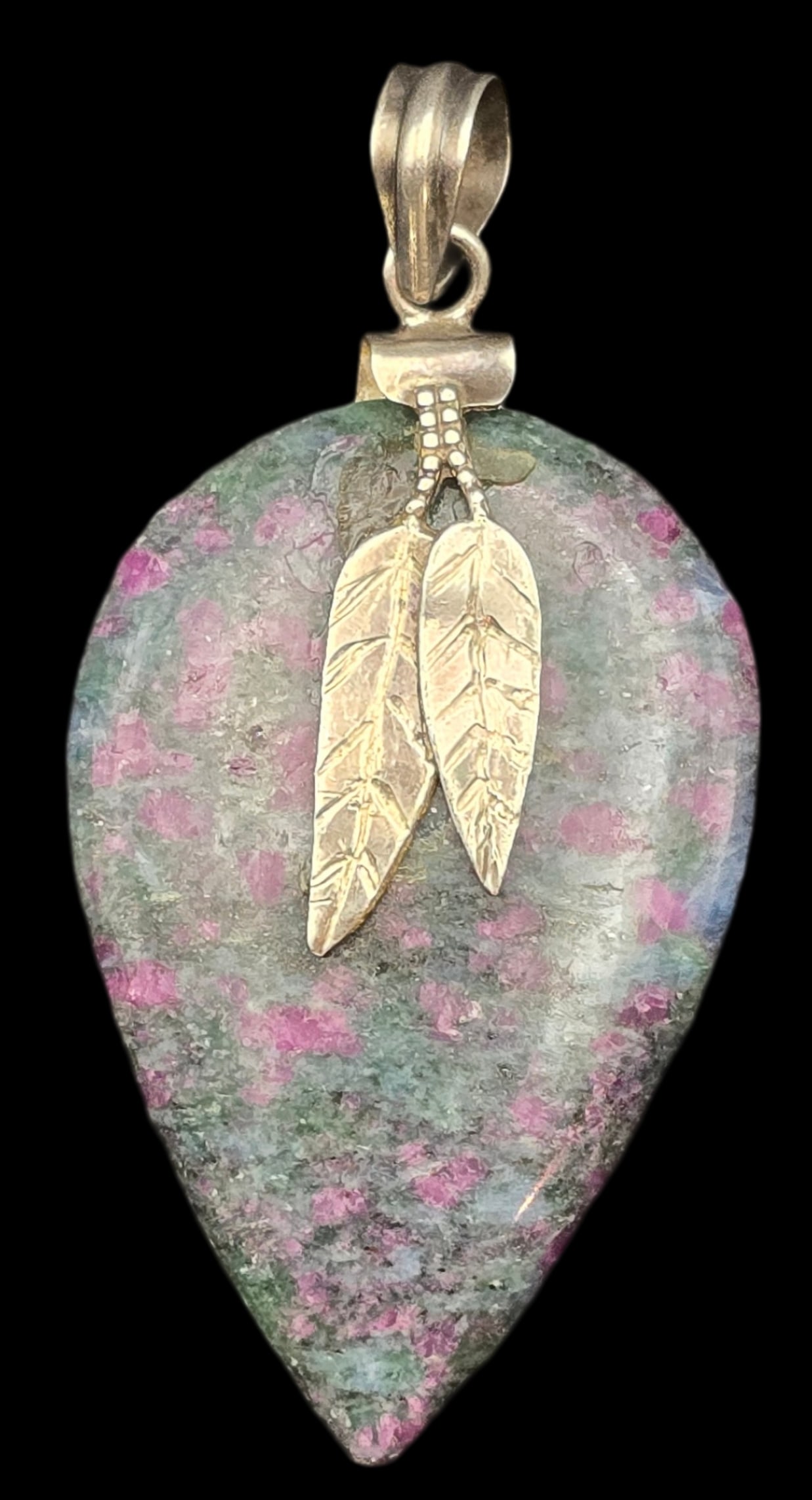 Vintage Sterling Silver & Ruby Zoisite Feather Design Pendant (1 of 4)