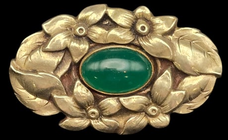 Vintage European Alpaca Silver & Green Gemstone Brooch