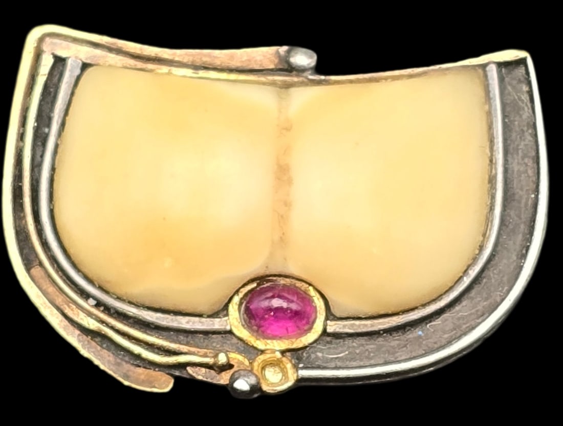Very Unusual Antique Partially Gilt 800 Silver, Bone & Ruby Slider Pendant: Measures approx. 1" wide x 1/2" long and weighs ca. 8.87 grams. Very good vintage condition with minor wear and patina according to age. Tested for a minimum of 800 (80%) silver. SHIPPING: We ship in-