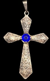 Ornate Vintage European 835 Silver & Blue Rhinestone Cross Pendant
