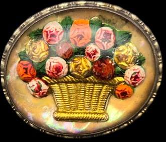 Antique European 800 Silver Reverse Painted Intaglio Flower Basket Brooch