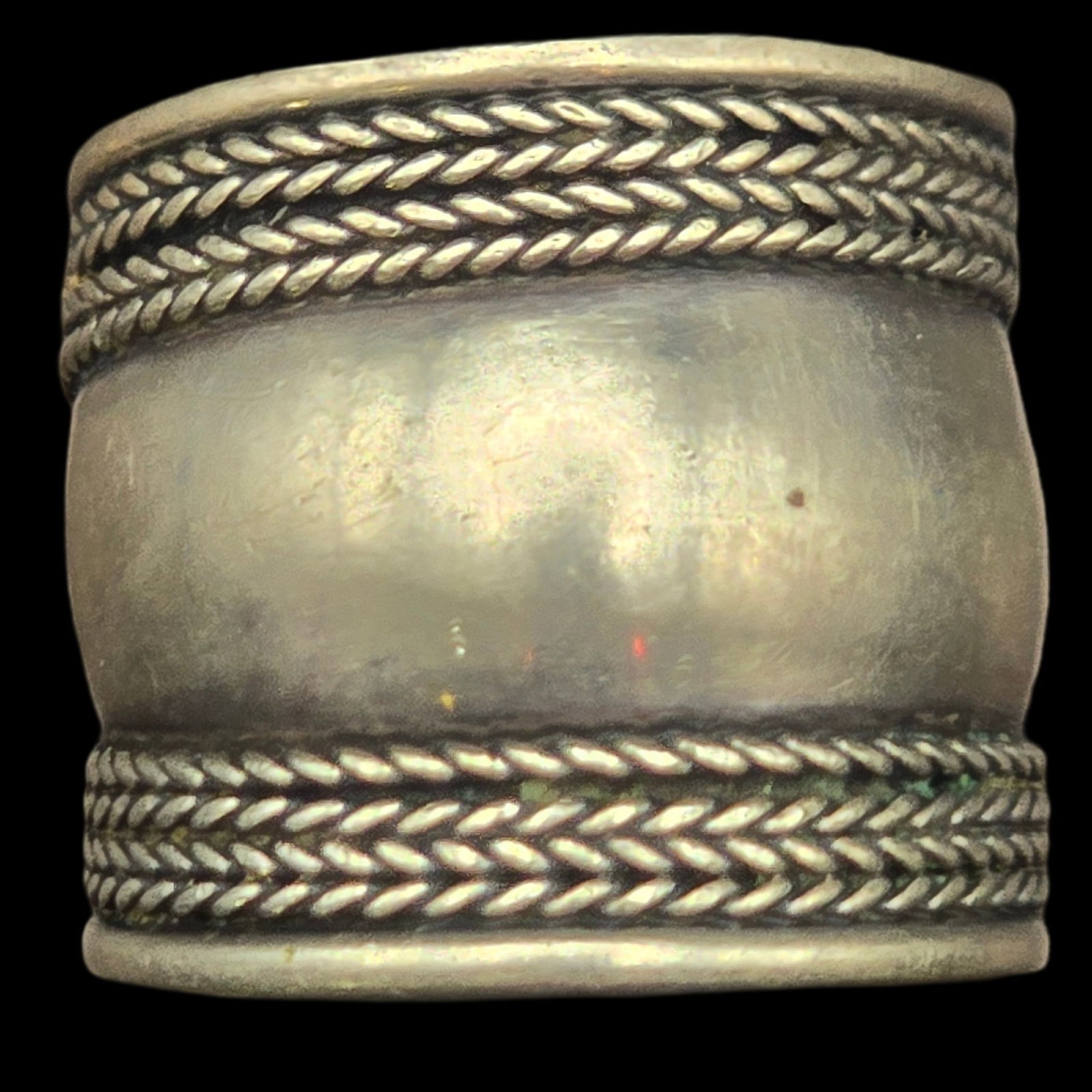 Unusual Vintage Sterling Silver Cigar Band Ring: The ring is a size 7 and weighs ca. 7.1 grams. Very good vintage condition with minor wear and patina according to age. Marked for Sterling Silver. SHIPPING: We ship in-house and charge a flat fee of 