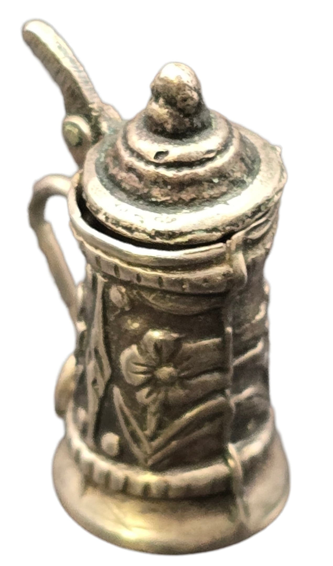 Vintage Sterling Silver Beer Stein Pendant Charm: Measures approx. 1" long and weighs ca. 2.6 grams. Very good vintage condition with minor wear and patina according to age. Tested for Sterling Silver. SHIPPING: We ship in-house and charge a flat fee