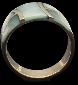 Vintage Sterling Silver Band Ring /w Inlaid Green Gemstone Mosaic