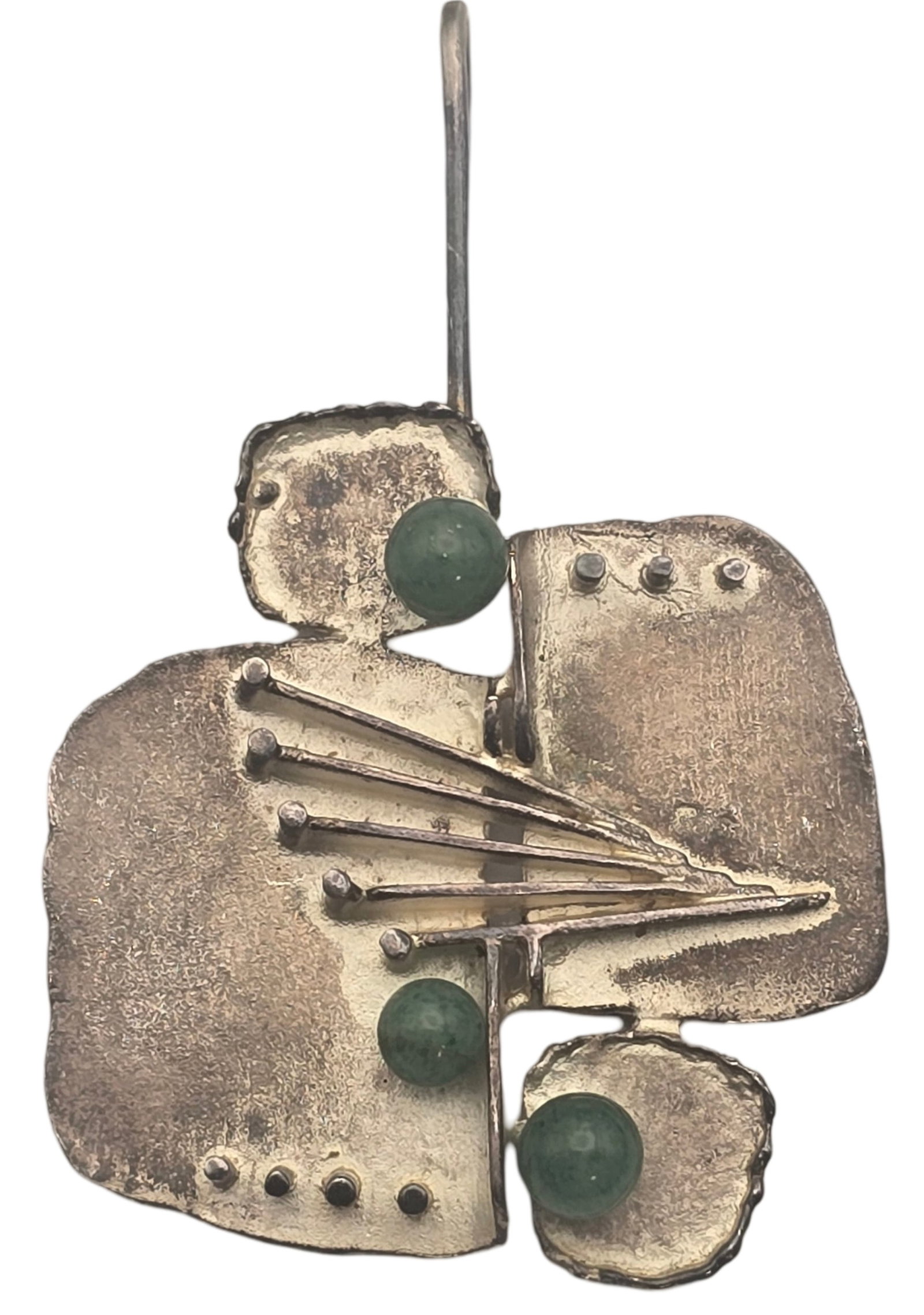 Very Unusual Vintage Mid-Century Modern Brutalist European 800 Silver & Jade Pendant: Measures approx. 2 1/2" long x 2" wide and weighs ca. 13.5 grams. Very good vintage condition with minor wear and patina according to age. Marked for 800 (80%) Silver. SHIPPING: We ship in-house and c