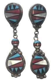 Pair of Vintage Native American Zuni Sterling Silver & Inlaid Gemstones Earrings
