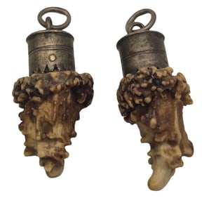 Pair of Antique Alpine European 800 Silver & Deer Antler Hunting Trophy Pendant Charms