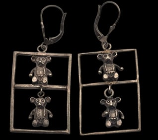 Very Unusual Vintage Sterling Silver Teddy Bear Earrings