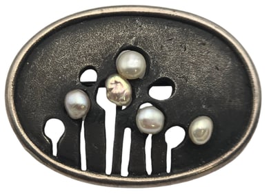 Very Unusual Vintage Mid-Centiry Modern Sterling Silver & Pearl Pin / Brooch
