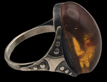 Vintage Sterling Silver & Baltic Amber Designer Ring - Signed