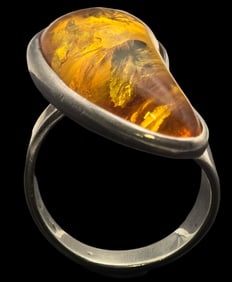 Vintage Sterling Silver & Baltic Amber Designer Ring - Signed