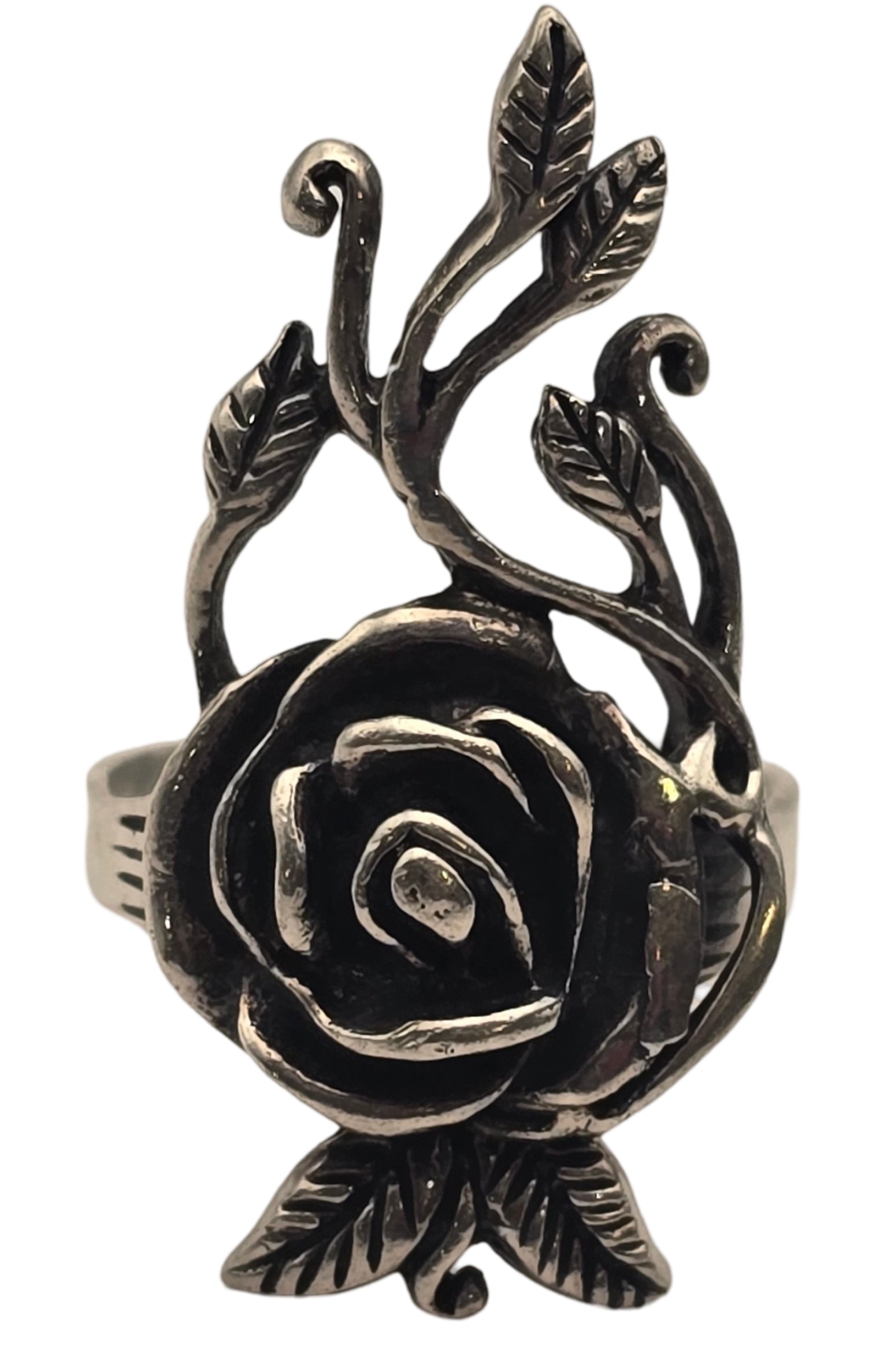 Vintage Sterling Silver Detailed Rose Design Ring: The ring is a size 8 1/2 and weighs ca. 6.6 grams. Very good vintage condition with minor wear and patina according to age. Tested for Sterling Silver. SHIPPING: We ship in-house and charge a flat fee