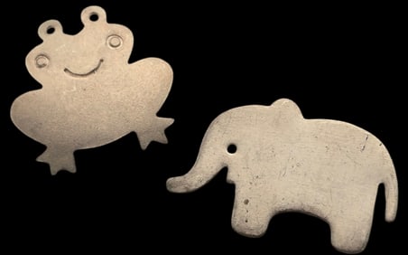Pair of Vintage Brushed Sterling Silver Animal Brooches - Elephant & Frog