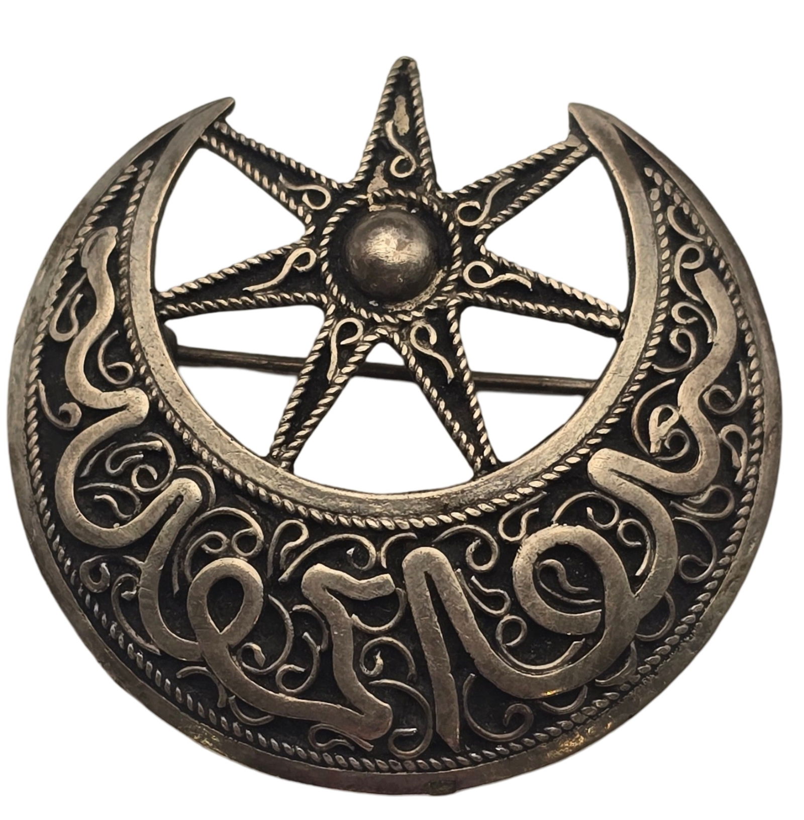 Unusual Vintage 800 Silver Oriental Moon & Star Brooch / Pendant /w Arabic Inscription (1 of 5)