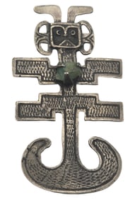 Unsual Vintage Pre-Columbian Style Anthropomorphic 900 silver Pendant Brooch /w Natural Emerald