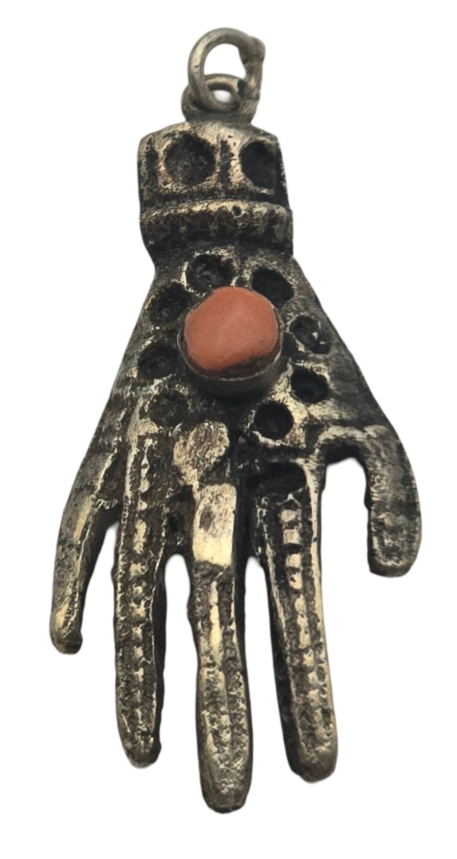 Antique Handmade 800 Silver & Coral Hamsa Hand: Measures approx. 1 1/2" long and weighs ca. 5 grams. Very good vintage condition with minor wear and patina according to age. Tested for a minimum of 800 (80%) silver. SHIPPING: We ship in-house and c