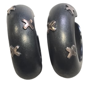 Pair of Massive Vintage Blackened Sterling Silver Hoop Earrings /w Gilt Stars