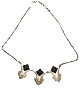 Vintage Mid-Century Modern Sterling Silver & Black Onyx Designer Necklace