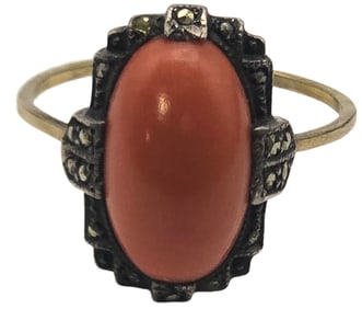 Vintage Art Deco European 8K Gold & Red Coral Ring
