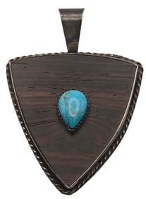 Large & Unusual Vintage Sterling Silver, Wood & Turquoise Designer Pendant