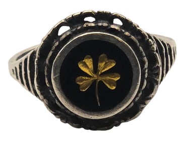 Unusual Vintage Sterling Silver, Black Enamel & Gold Foil Clover Leaf Good Luck Ring