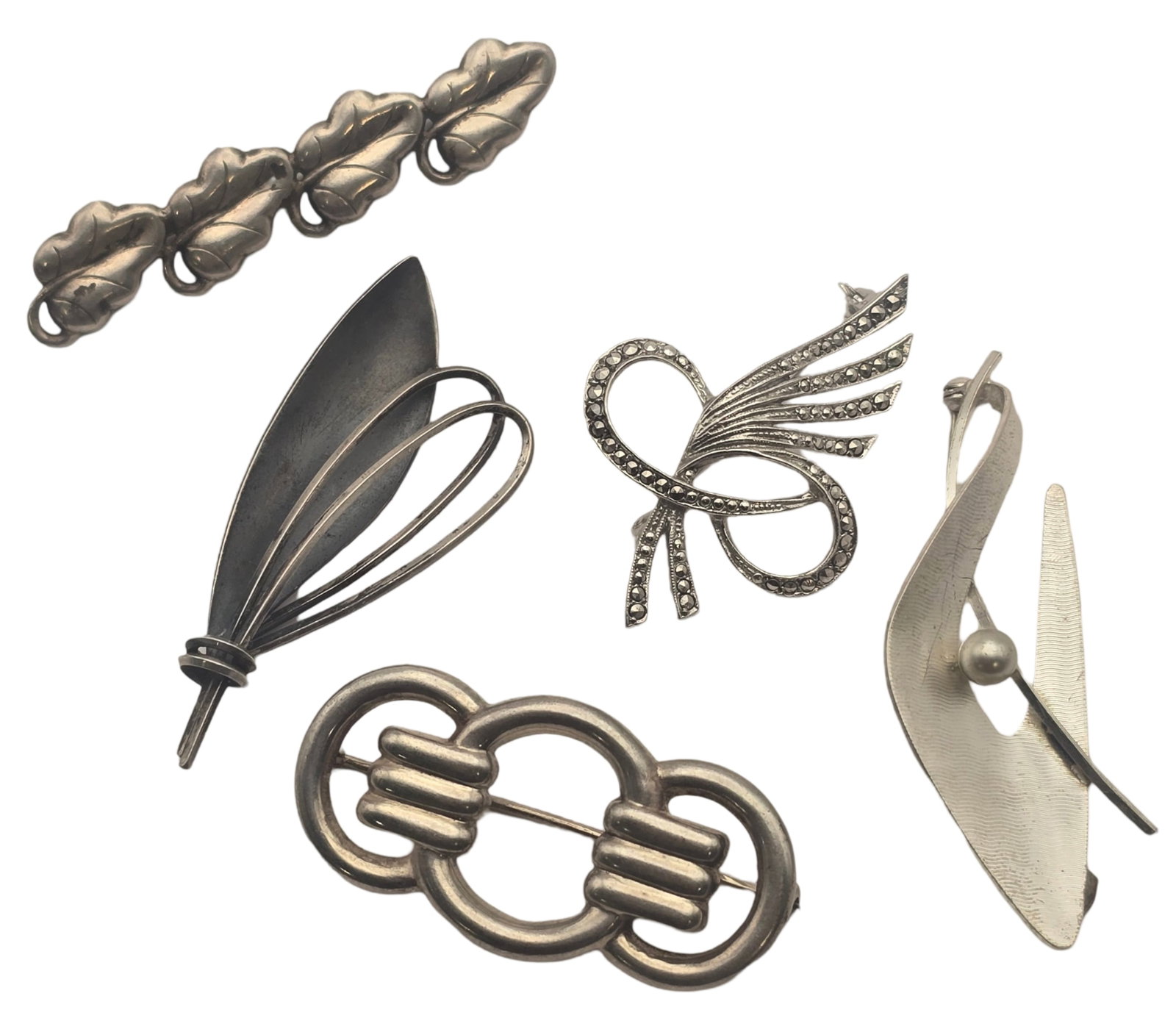 Lot of 5 Vintage European 800 / 835 Silver Bar Brooches: Each measures approx 2" wide and weighs ca. 5.3 grams. Very good vintage condition with minor wear and patina according to age. Marked. SHIPPING: We ship in-house and charge a flat fee of $12 for any 