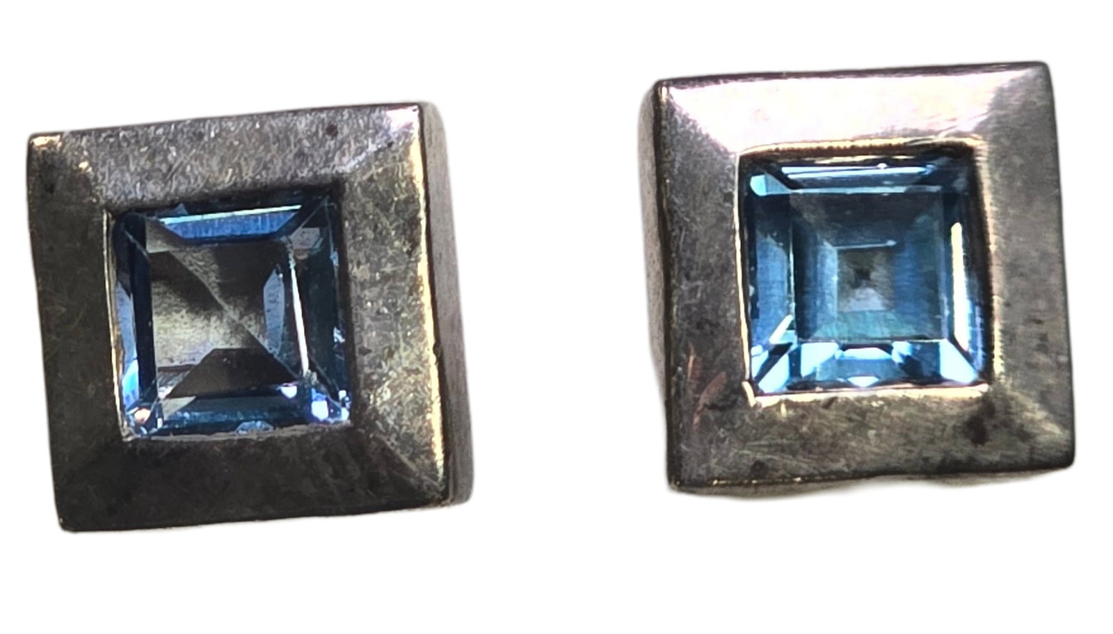Stylish Vintage Sterling Silver & Blue Topaz Stud Earrings: Each measures approx. 1/2" long and weighs ca. 1.7 grams. Very good vintage condition with minor wear and patina according to age. Tested for Sterling Silver. SHIPPING: We ship in-house and charge a f