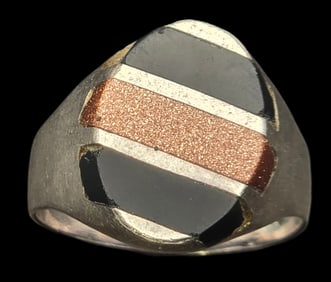 Unusual Vintage TAXCO Mexico Sterling Silver, Onyx & Aventurine Ring