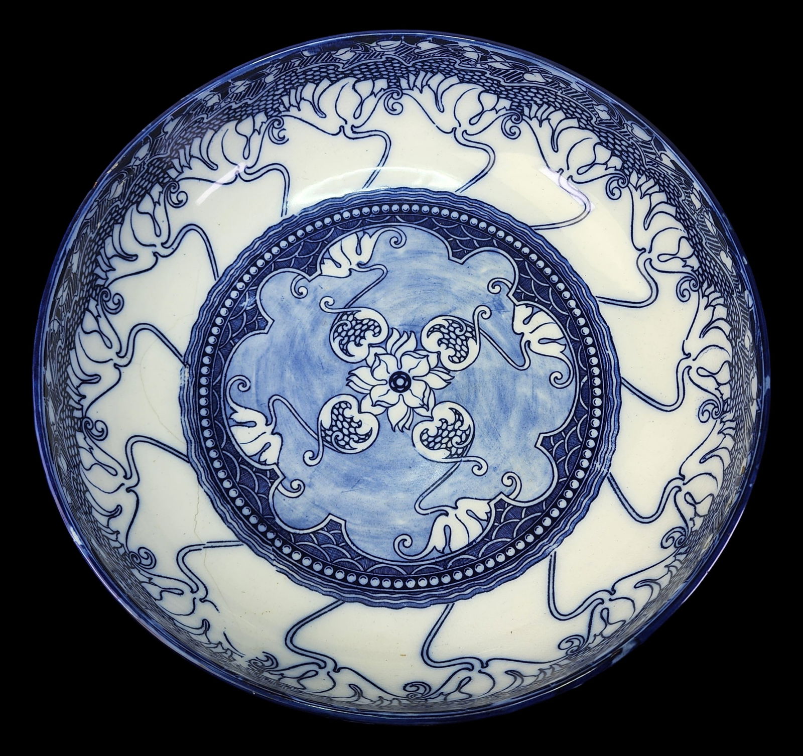 Large Antique ca. 1880 Art Nouveau DOULTON BURSLEM Kelmscot Blue & White Basin Bowl (1 of 9)