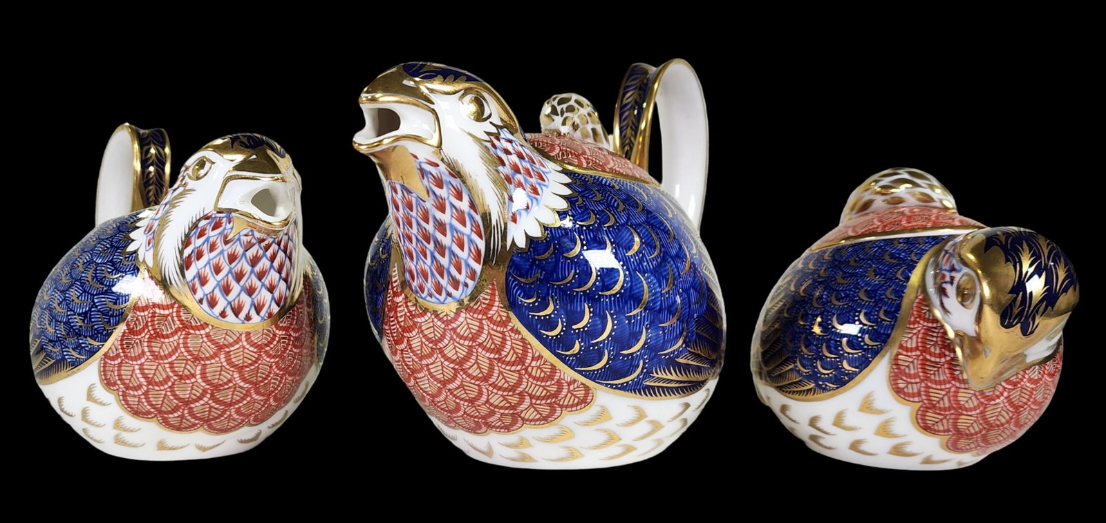 Vintage ROYAL CROWN DERBY Hand Painted Bone China Tea Set: Very good vintage condition; no chips, cracks, or repairs. Marked on the bottom. The tea pot measures approx. 5 1/2" high x 8" long x 4 1/4" wide.