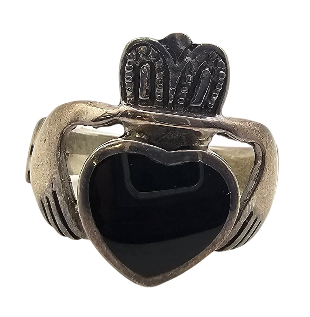 Vintage Celtic Sterling Silver & Black Onyx Claddah Heart Crown Ring: Very good vintage condition with minor wear according to age. The ring is a size 9 and weighs ca. 6.2 grams.