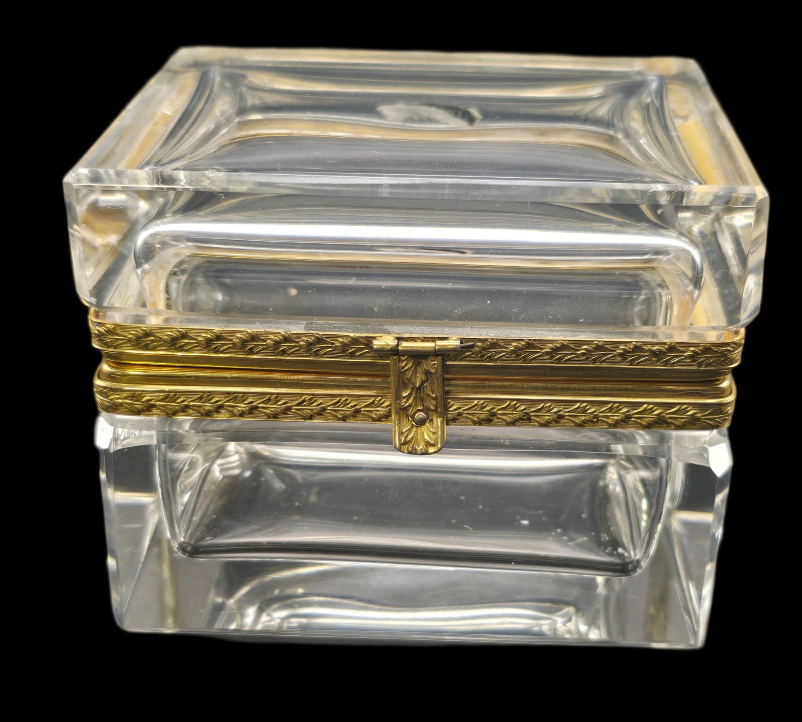 Vintage European Ormulu Brass Mounted Crystal Jewelry Box: Very good vintage condition; no chips, cracks, or repairs. Lid hinges are functional. Measures approx. 3" high x 4" long.