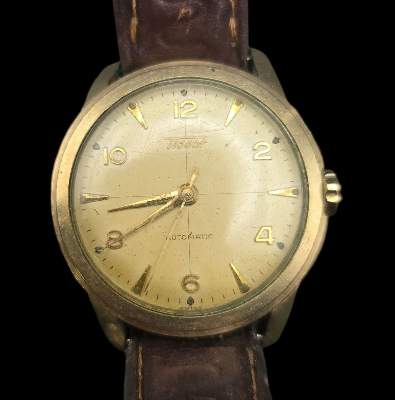 Vintage Mid-Century Modern TISSOT 10K Gold Filled Wrist Watch: Measures approx. 8 1/2" long x 1 1/2" wide. Good vintage condition with some wear according to age. Works.