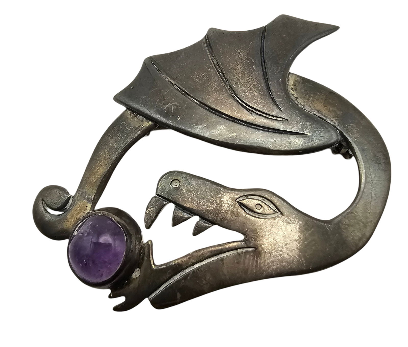 Vintage Mid-Century Mexican Sterling Silver & Amethyst Dragon Pin / Brooch (1 of 7)