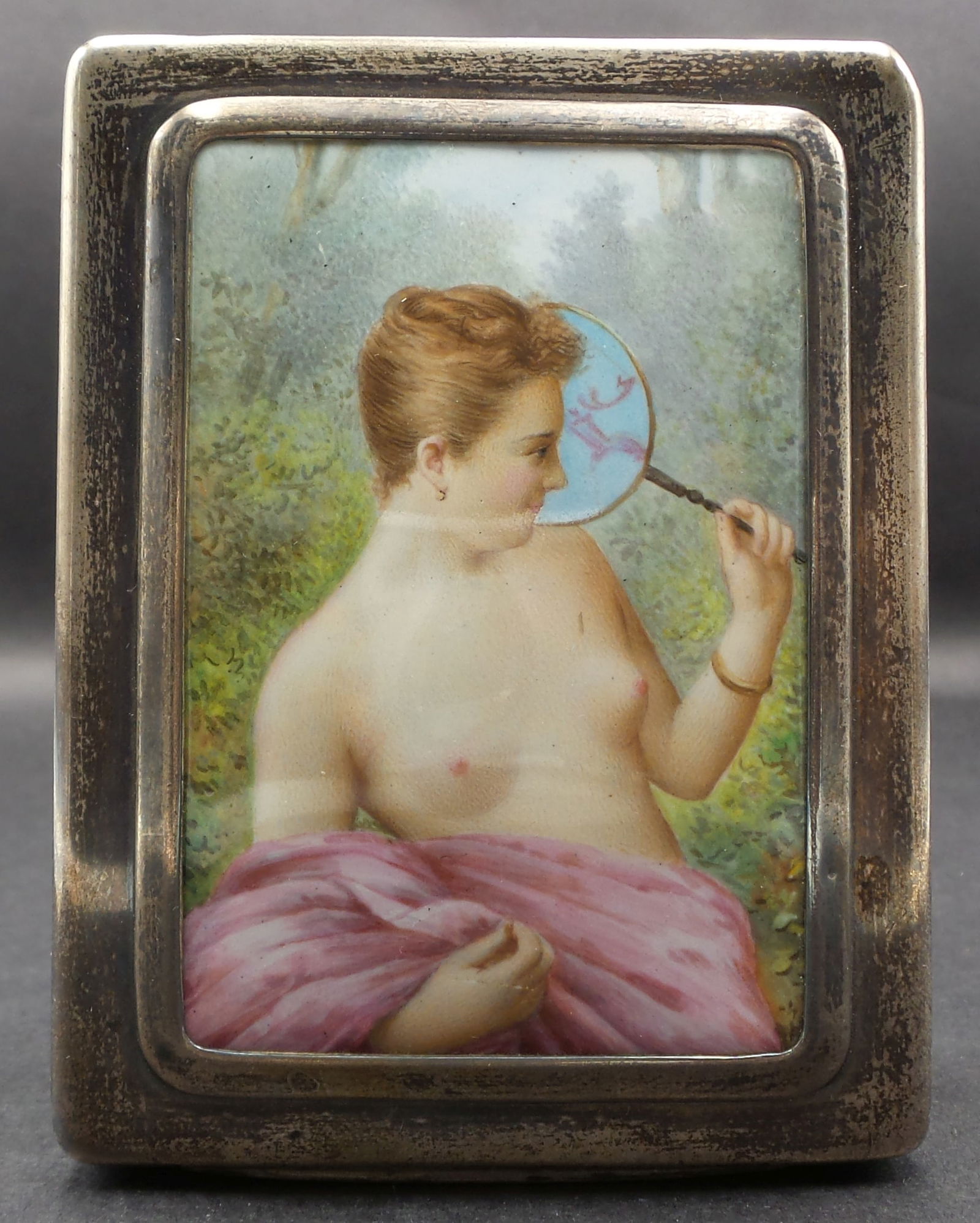 WRIGHT & DAVIES England Sterling Silver & Erotic Porcelain Plaque Cigarette Box: This beautiful and rare piece was made by silversmiths William Thomas Wright & William Frederick Wright in 1887 in their workshop on Oxford Street in London and features a hand painted erotic painting