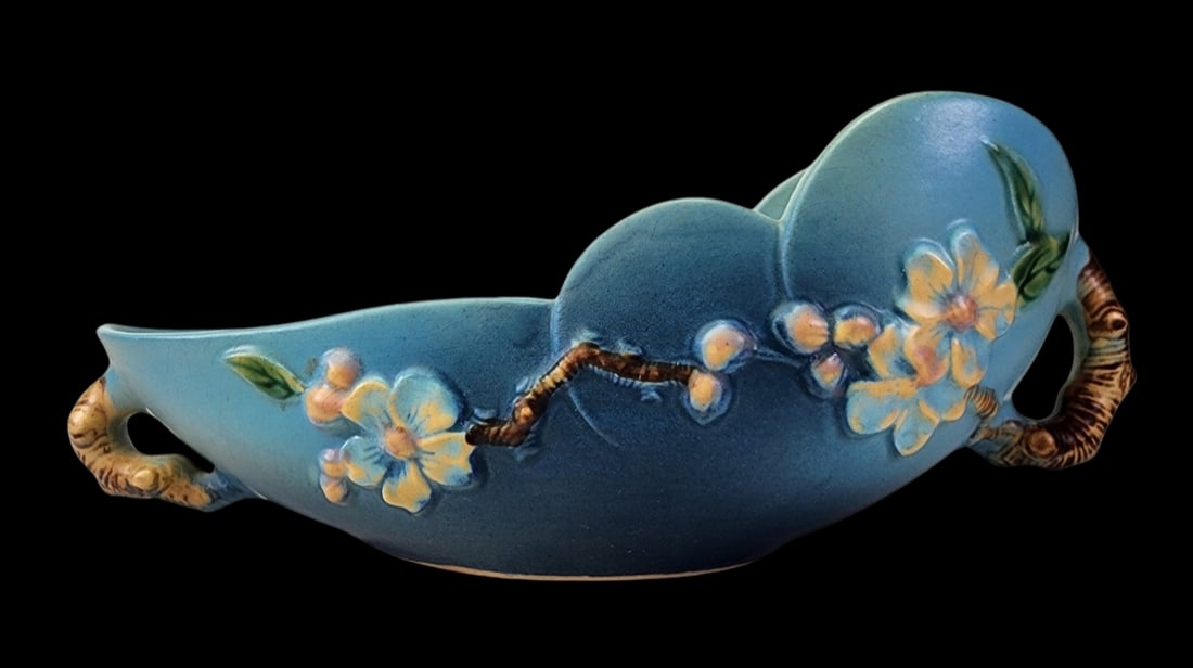 Vintage 1940s ROSEVILLE Apple Blossom Ovoid Shape #329-10 Blue Bowl: Desirable blue color apple blossom ovoid shape mid-century modern bowl, ca. 1949. Blue background with apple branches and clusters of white blossoms touched with pink. It is in very good vintage condi