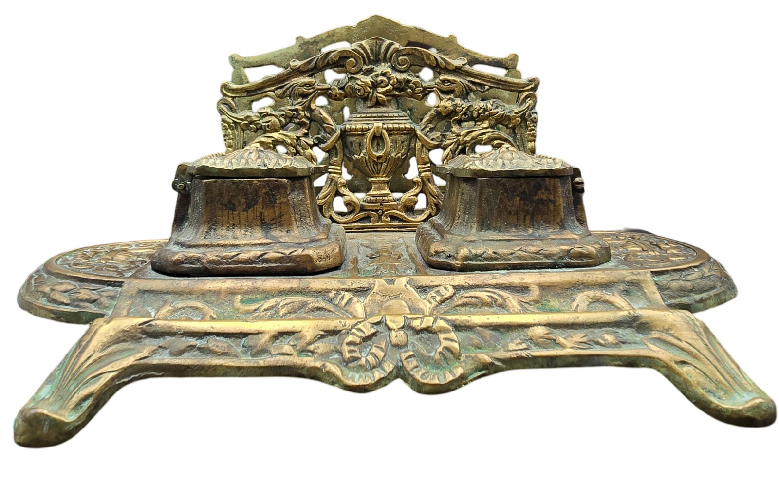 Ornate Antique European Brass Double Inkwell /w Letter Holder (1 of 9)