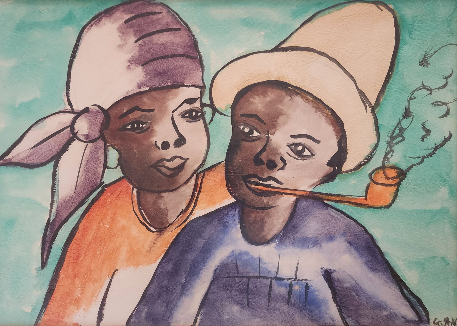 Signed Vintage Haitian Watercolor Painting of Kids with Pipe: Good vintage condition; framed behind glass; signed on the lower right-hand corner. Measures approx. 23 1/2" wide x 19 1/4" high.